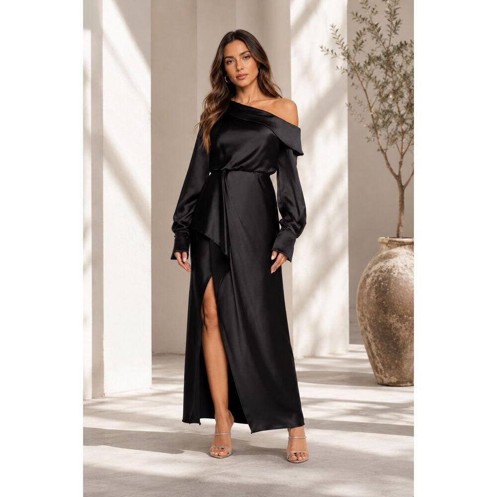 Xscape Evenings Off-the-Shoulder Long Sleeve Satin Gown in black Size 10